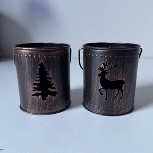 Tea-light Candle Holders Christmas Rustic Deer and Tree Tin Holiday Decor (2)
